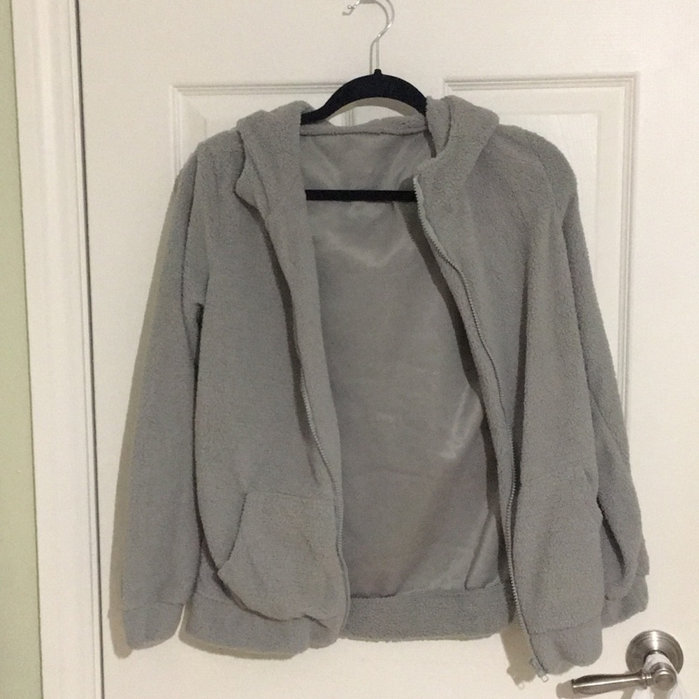 Gray Teddy Zip up Sweater with Hood